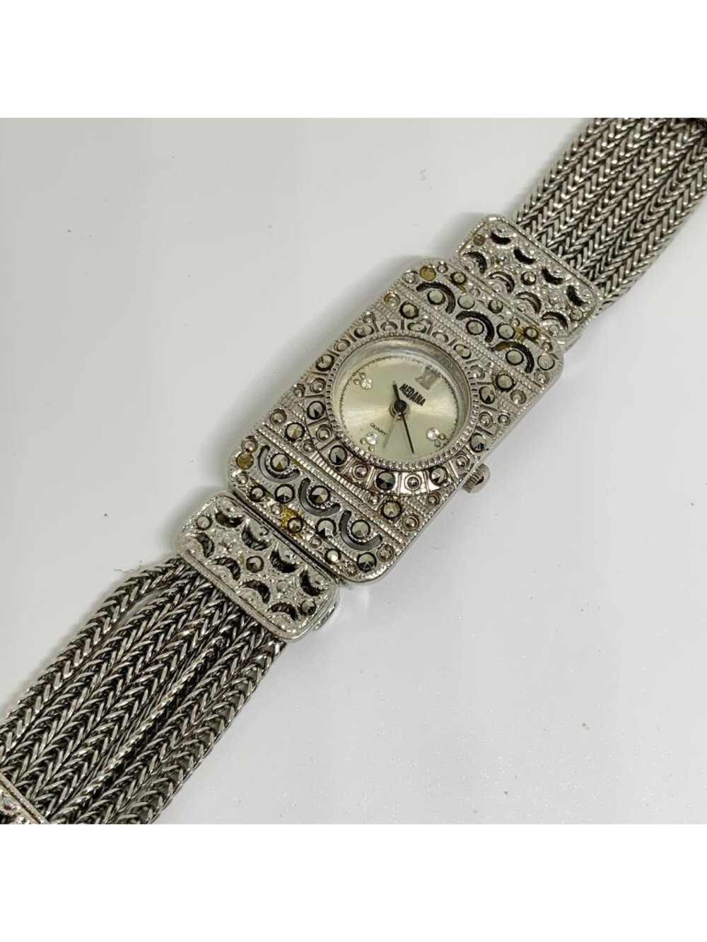 Vtg Medana Art Deco Victorian marcasite style silver tone watch 21mm 8” running
